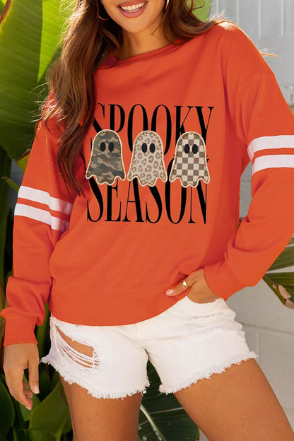 Spooky Season Ghost Graphic Varsity Striped Sleeve Halloween Pullover Sweatshirt - Orange - View 1