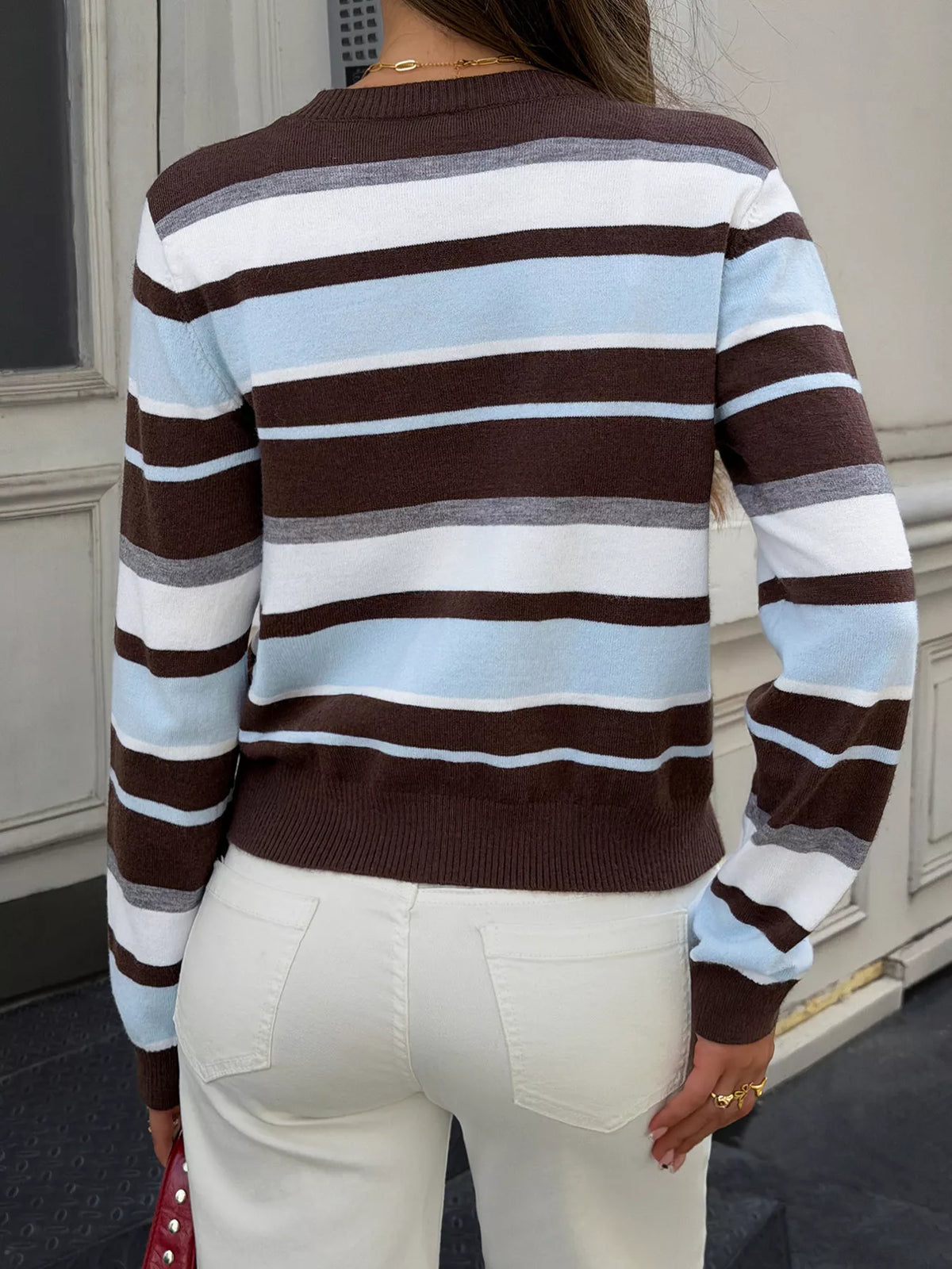 Striped Knit Button-Down Cardigan - Coffee - View 5