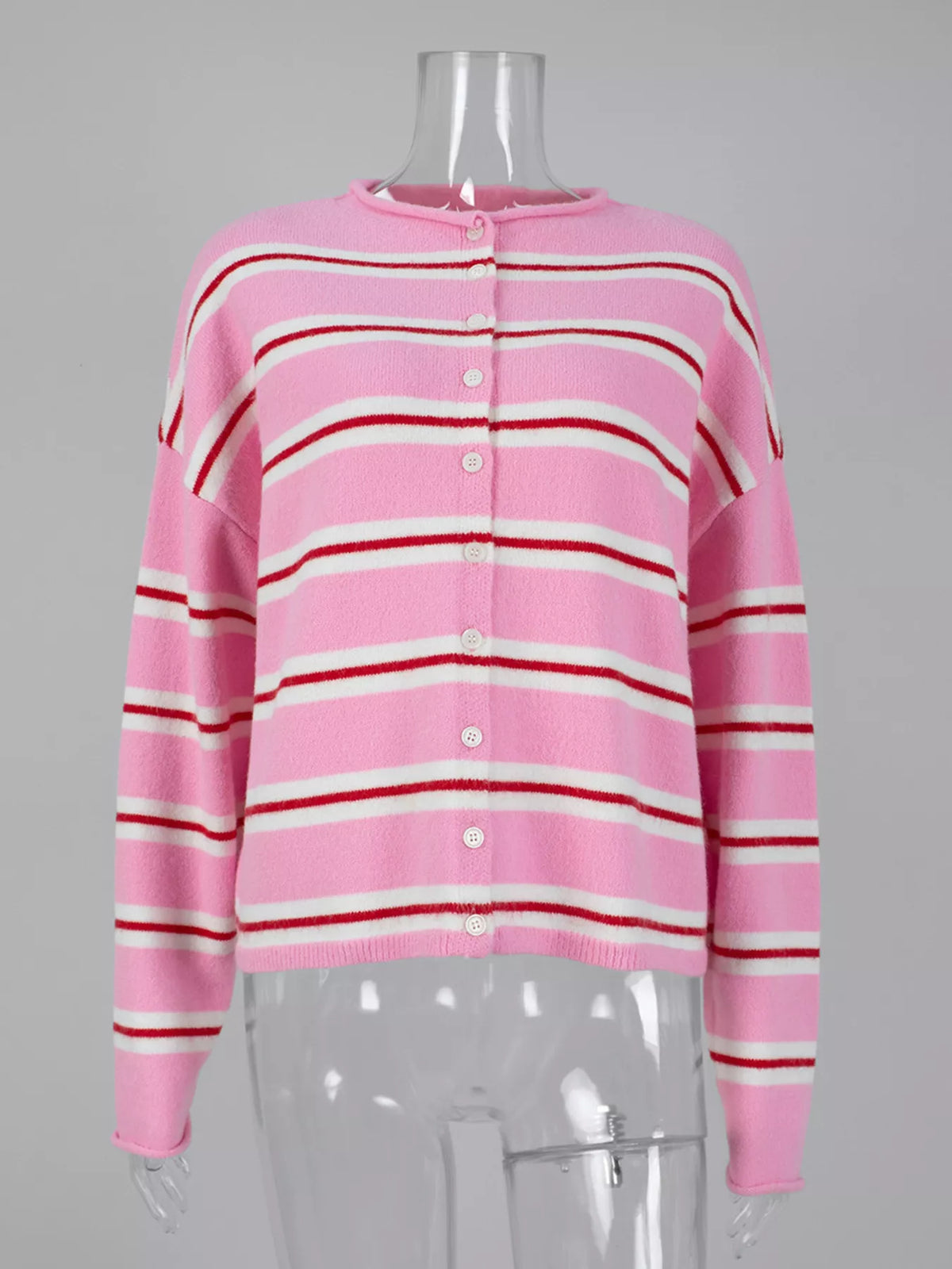 Striped Button-Down Knit Cardigan - Fuchsia Pink - View 6