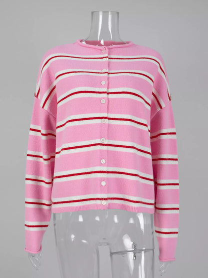 Striped Button-Down Knit Cardigan - Fuchsia Pink - View 6