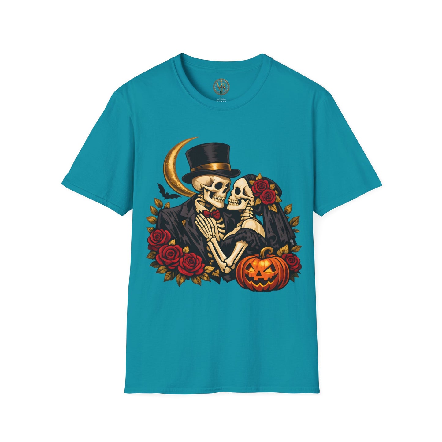 Skeleton Couple Halloween Tee - Tropical Blue - product view 1 - Tropical Blue