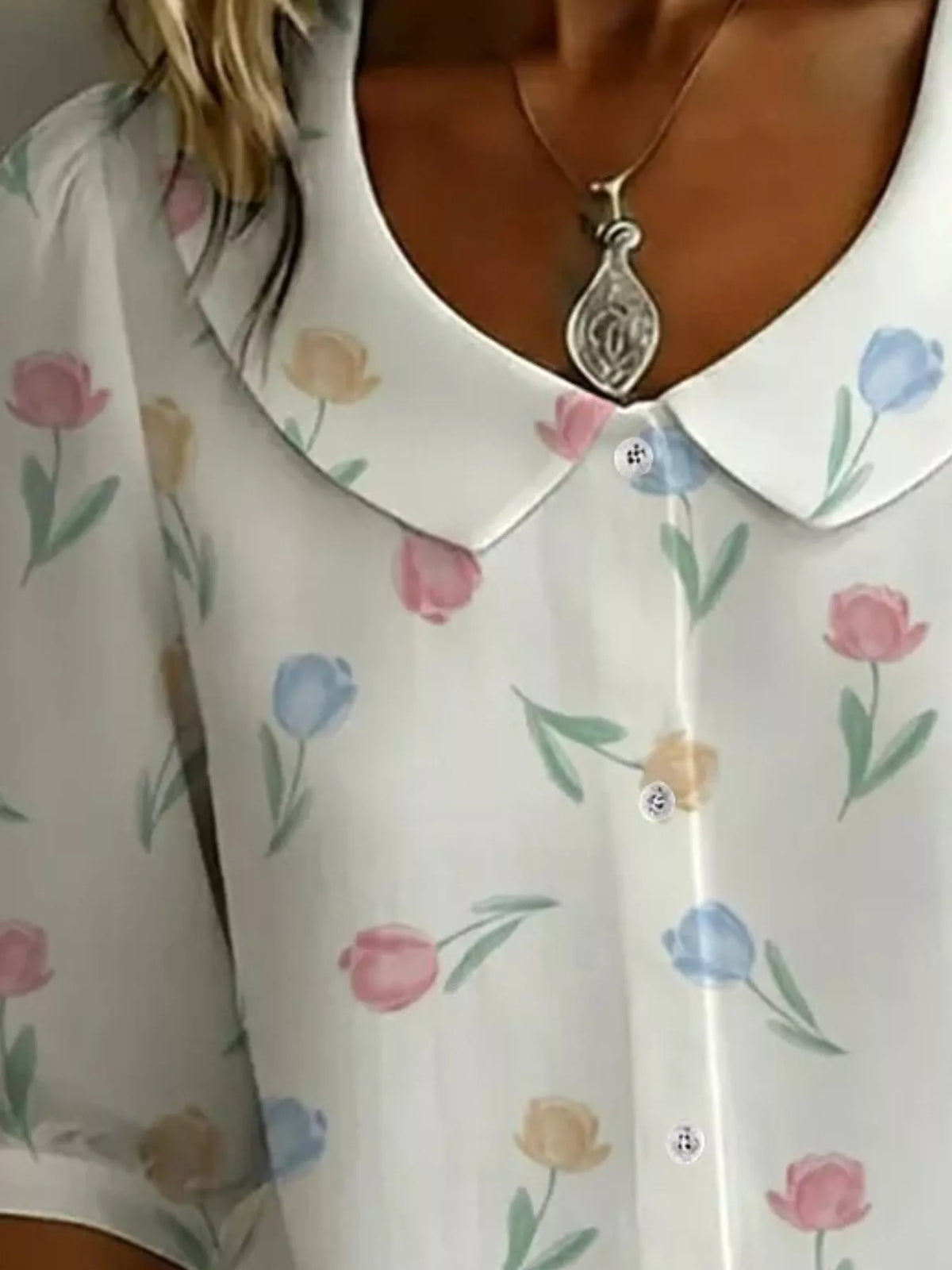 Daisy Print Peter Pan Collar Button-Down Shirt - White - View 2
