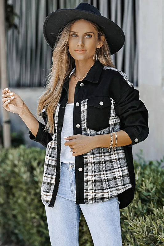 Plaid Pocketed Button Up Denim Jacket - product photo 1
