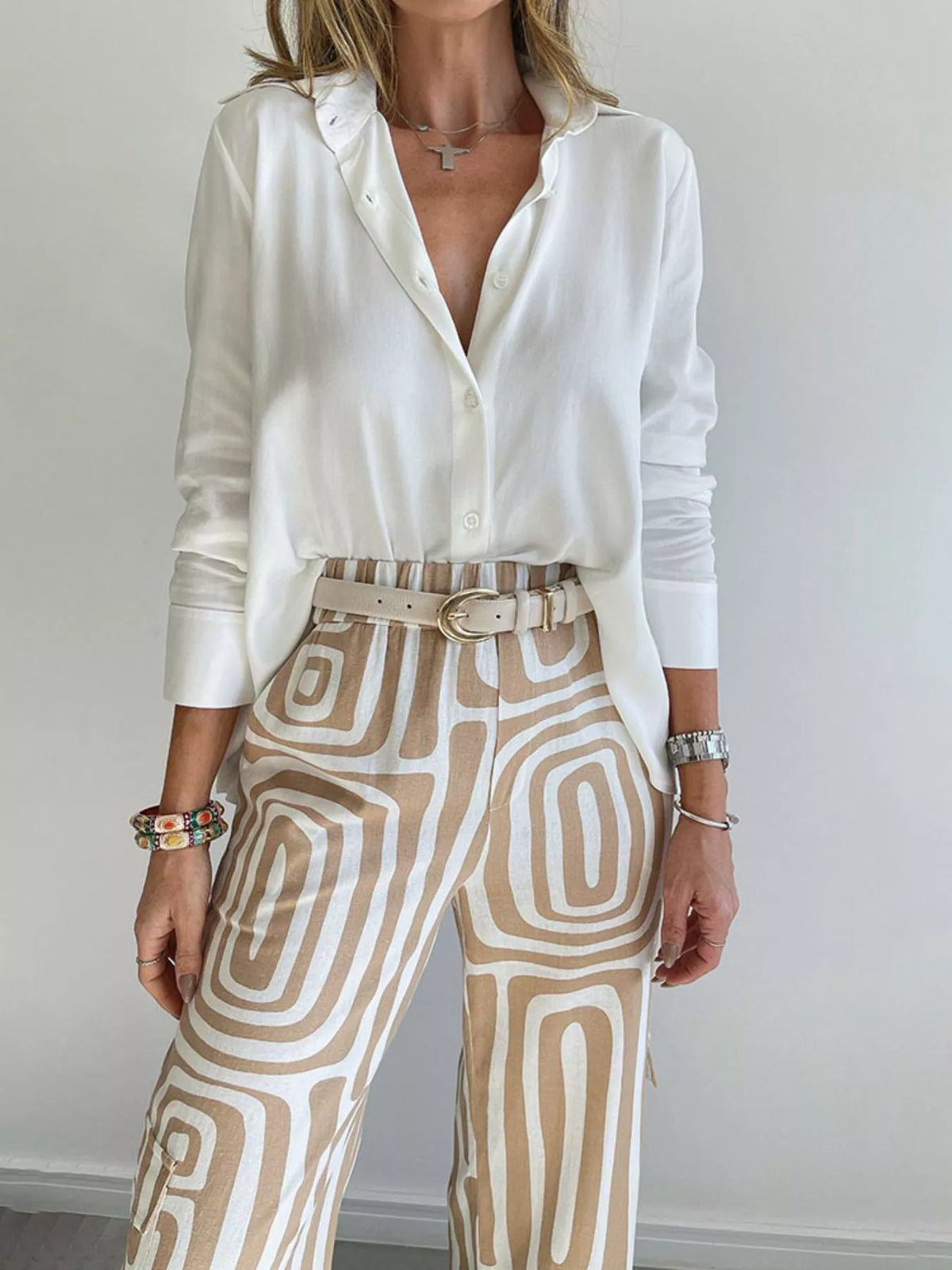 Full Size Chic Button-Down Shirt and Geometric Wide-Leg Pants Set Plus Size - Khaki - Set - View 4