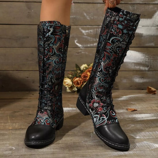 Lace Up Block Heels Boots - Black - View 1