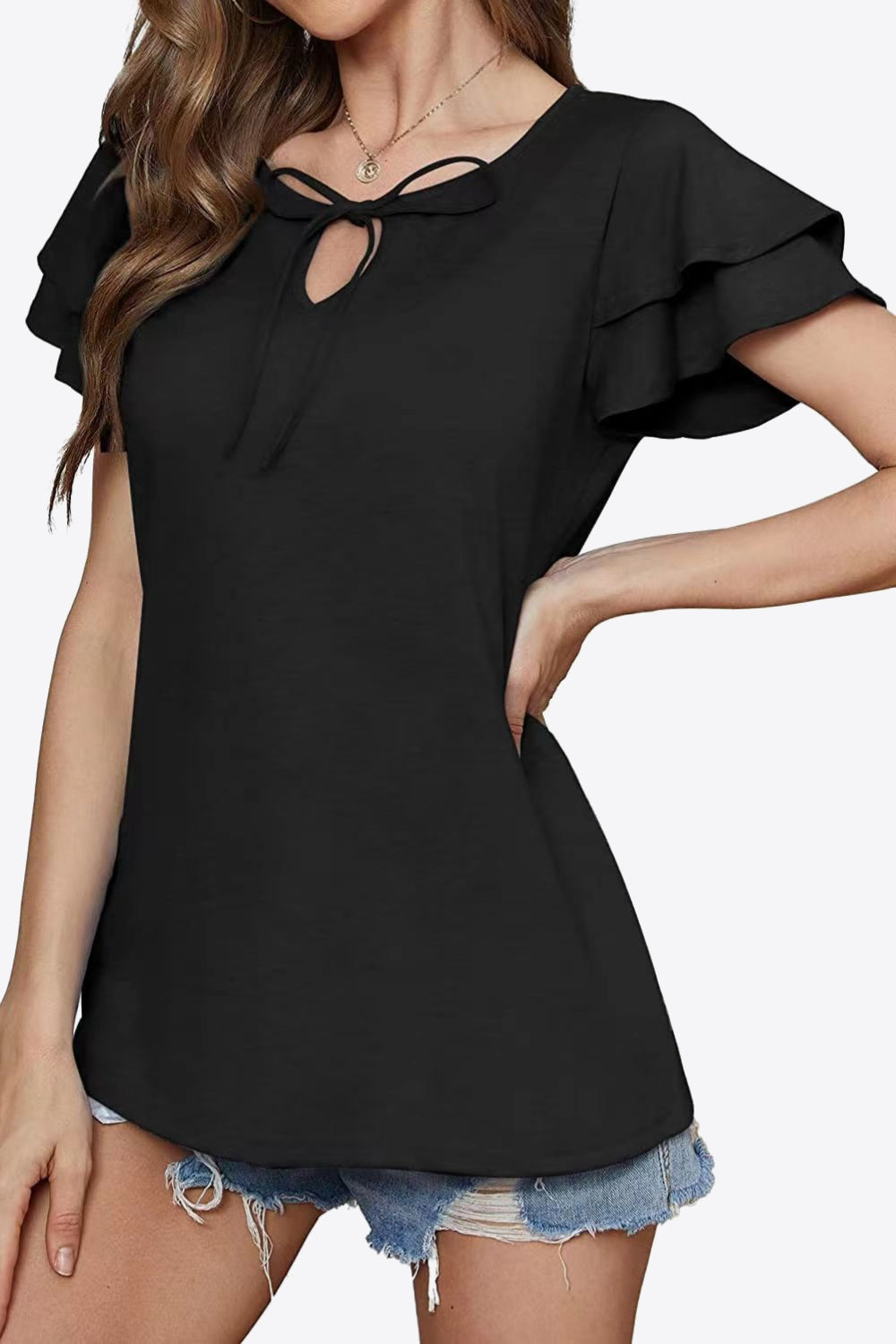 Tie-Neck Layered Flutter Sleeve Blouse - Black - View 5