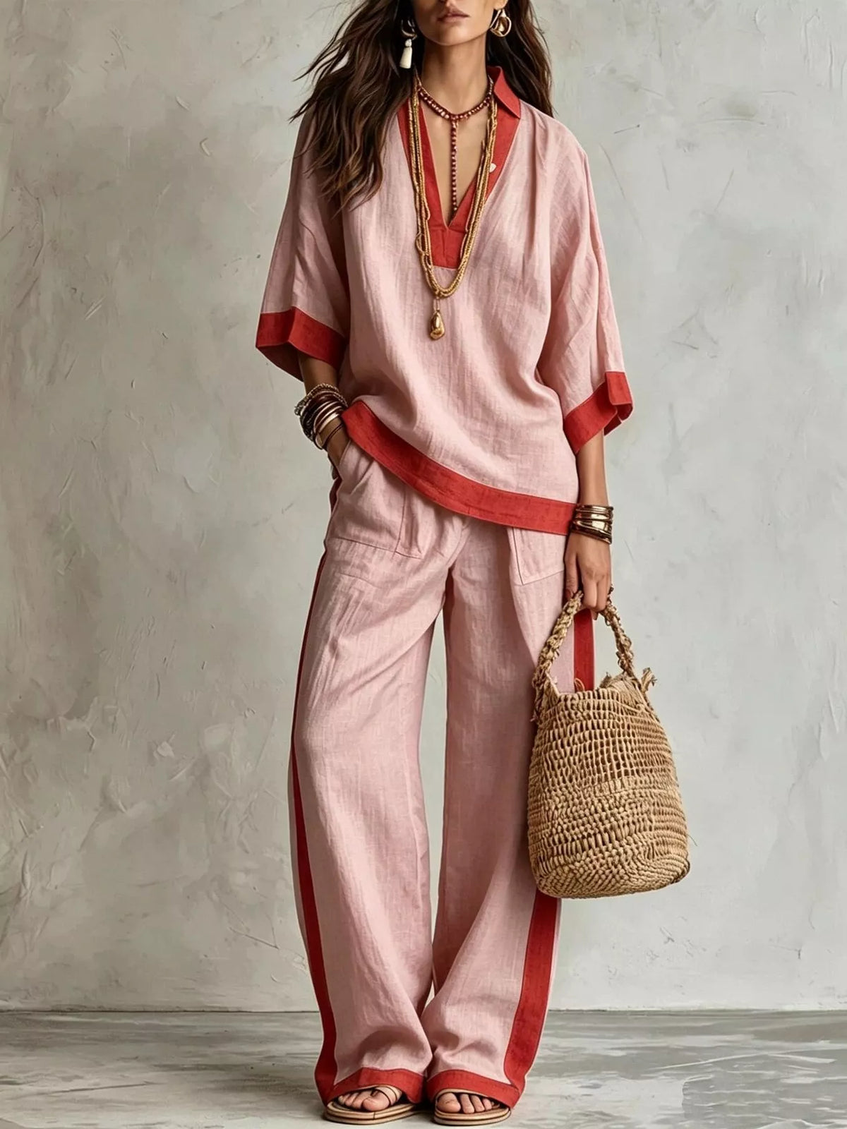 Full Size Contrast Trim Top and Wide Leg Pants Set Plus Size - Blush Pink - View 1