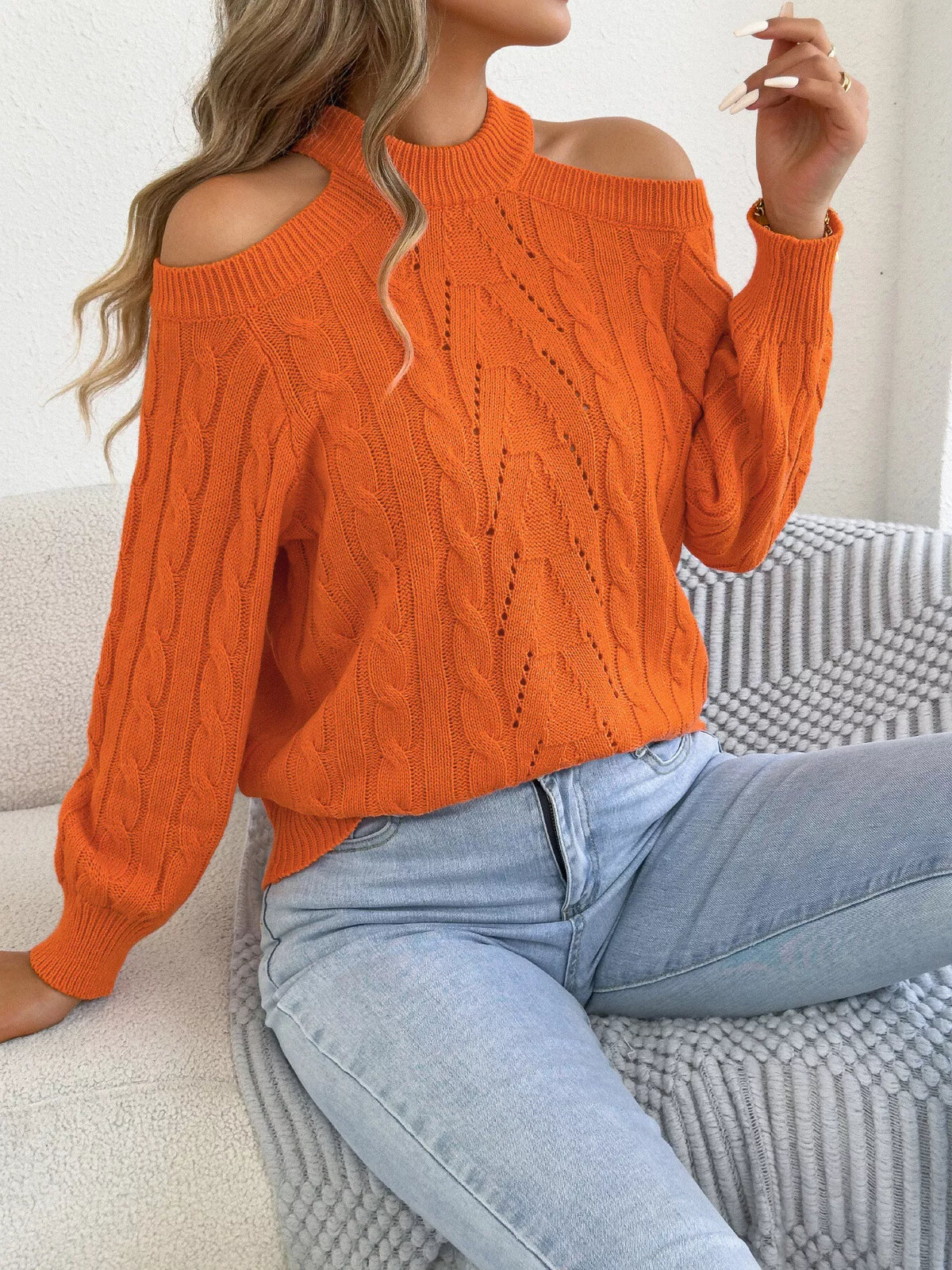 Cold Shoulder Cable Knit Sweater - Orange - View 1