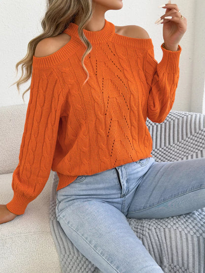Cold Shoulder Cable Knit Sweater - Orange - View 1