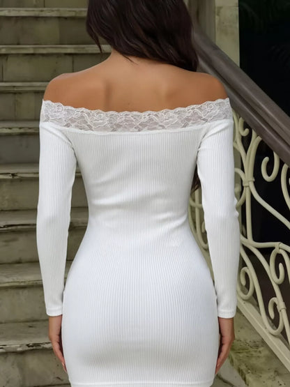 Lace Trim Off-Shoulder Bodycon Mini Dress - Off-white - View 4