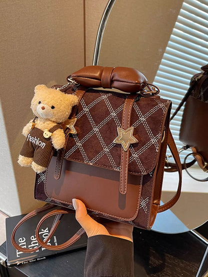 Vintage Diamond Pattern Backpack Bag - Brown - View 3