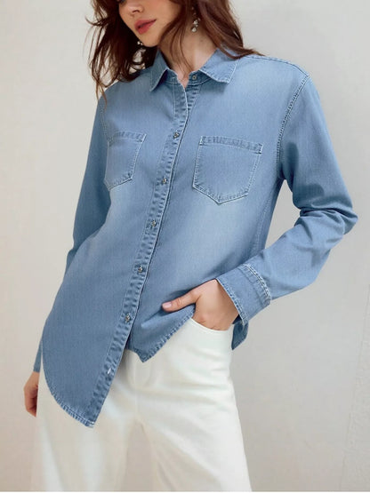 Full Size Button-Up Long Sleeve Denim Shirt Plus Size - Blue - View 1
