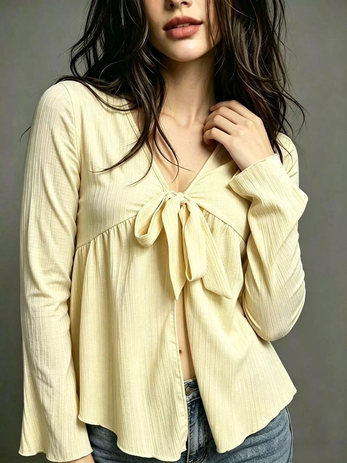 Tie-Front Flare Sleeve Blouse - Light Yellow - View 1
