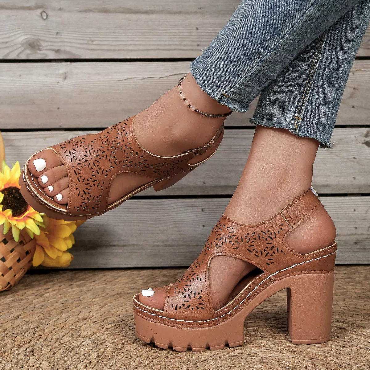 Open Toe Block Heels Sandals - Brown - View 5