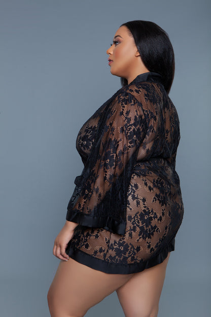 Delia Robe Floral Lace Robe with Satin Trimming, detail view