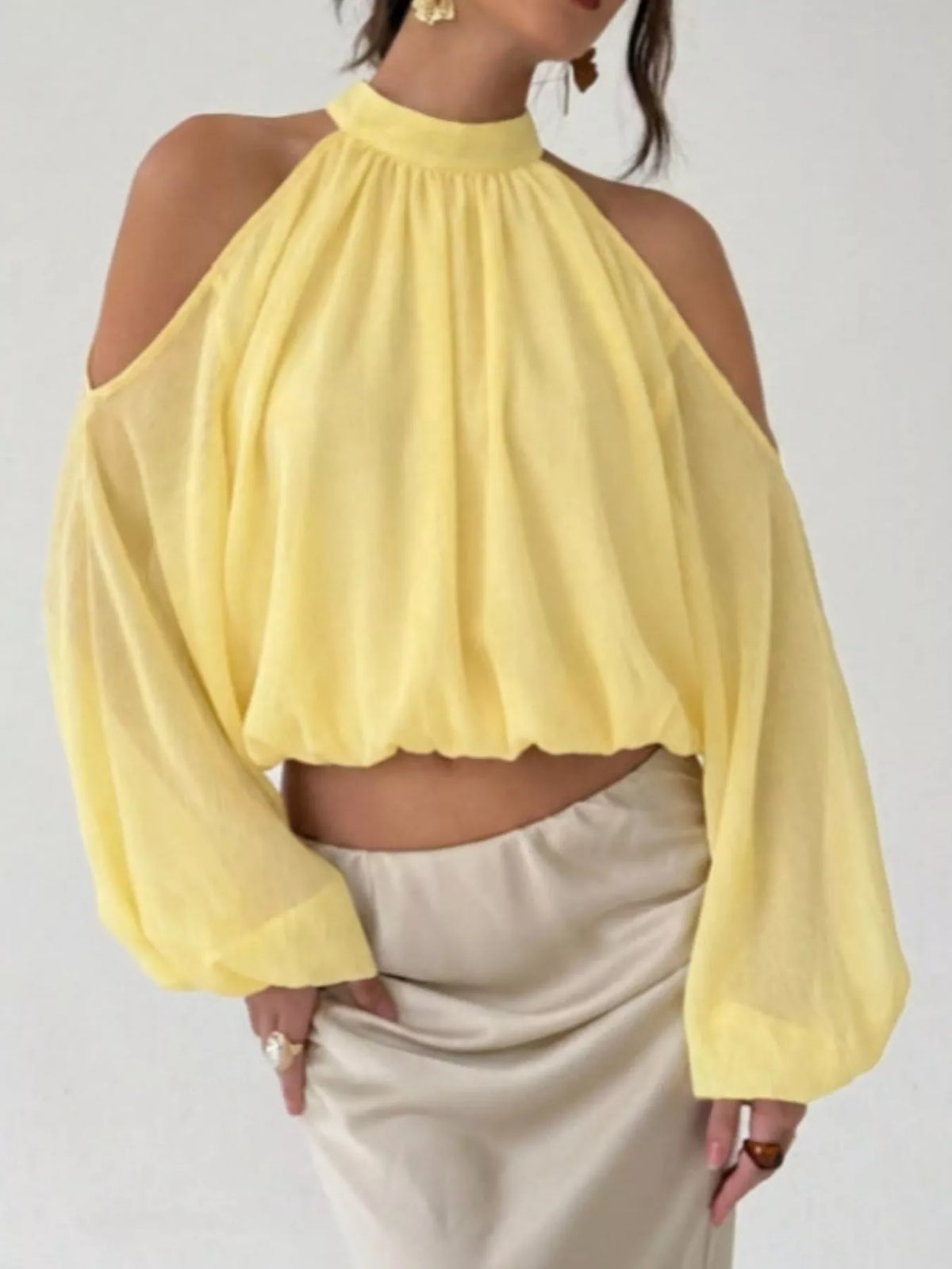 Cold-Shoulder Long Sleeve Blouse - Yellow - View 11