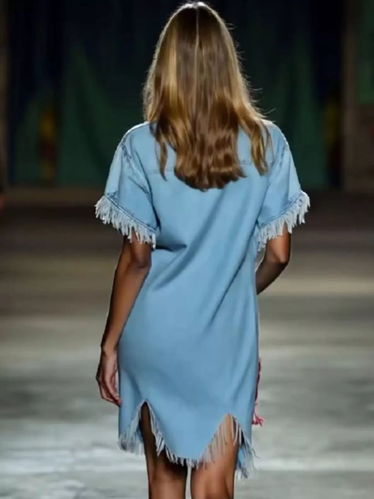 Full Size Fringed Short Sleeve Denim Shirt Dress Plus Size - Light Blue - View 2