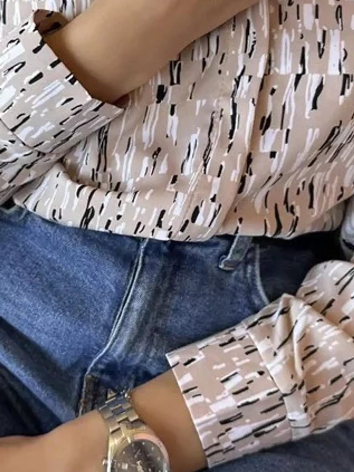 Button Up Long-Sleeve Shirt - Apricot-Square Print - View 55