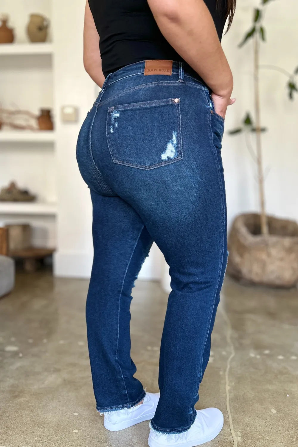 Judy Blue Full Size High Waist Rigid Magic Heavy Destroy Straight Jeans - Dark - View 2