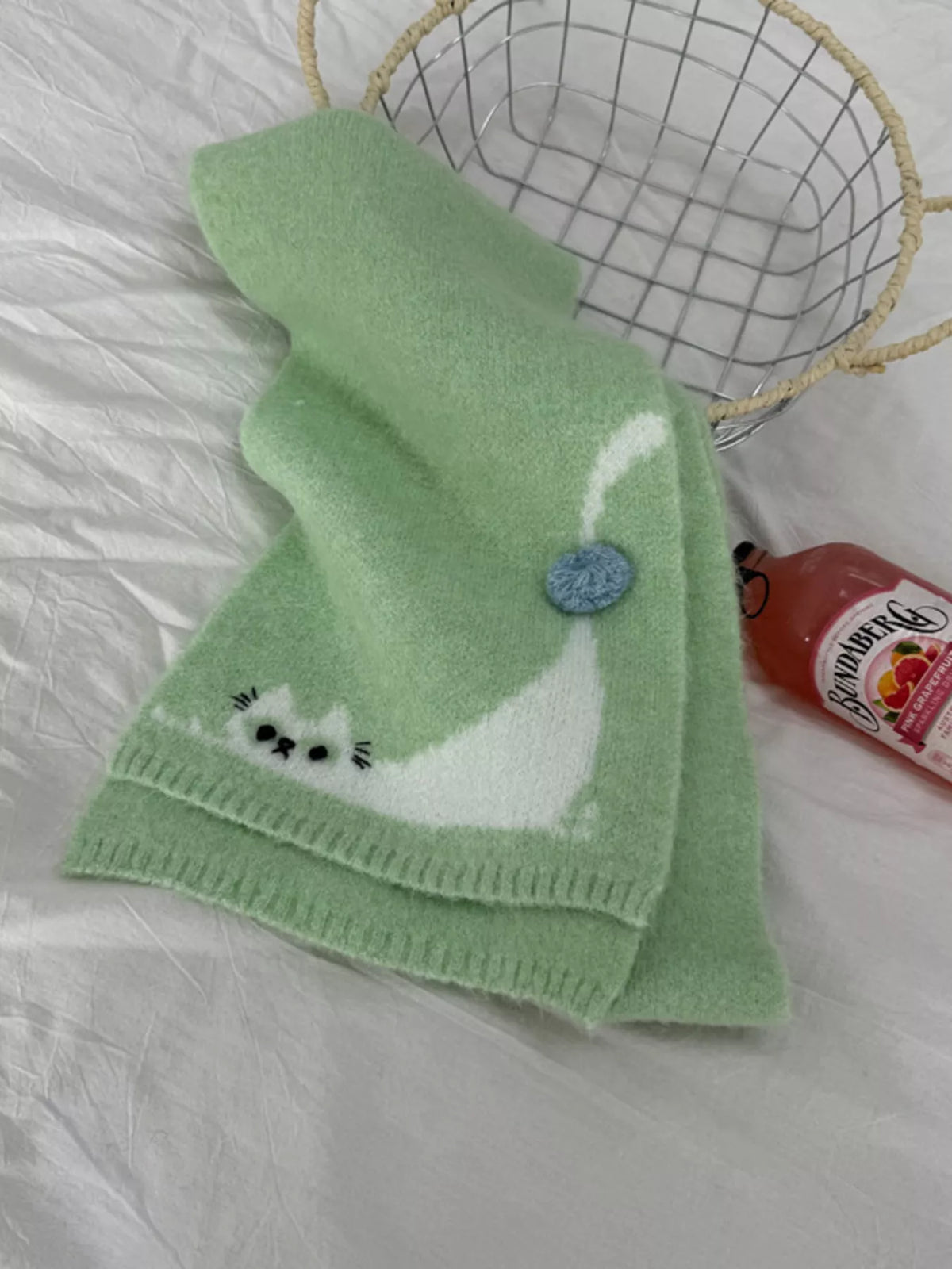 Cute Cat Knitted Scarf - Green - View 7