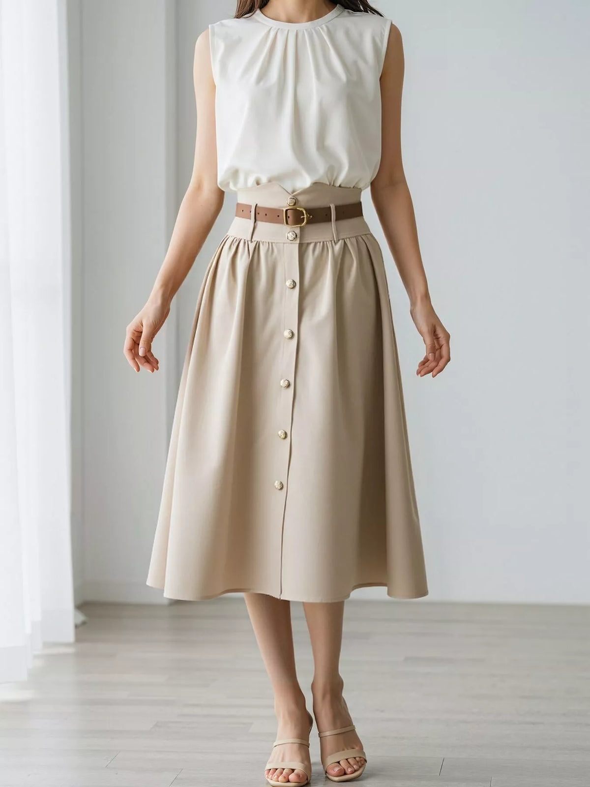 High-Waisted A-Line Midi Skirt - Apricot - View 1