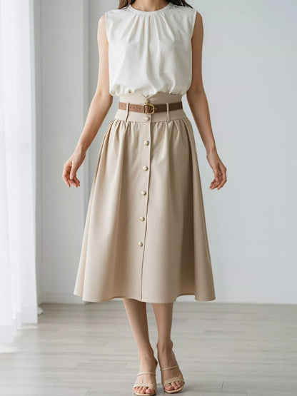High-Waisted A-Line Midi Skirt - Apricot - View 1