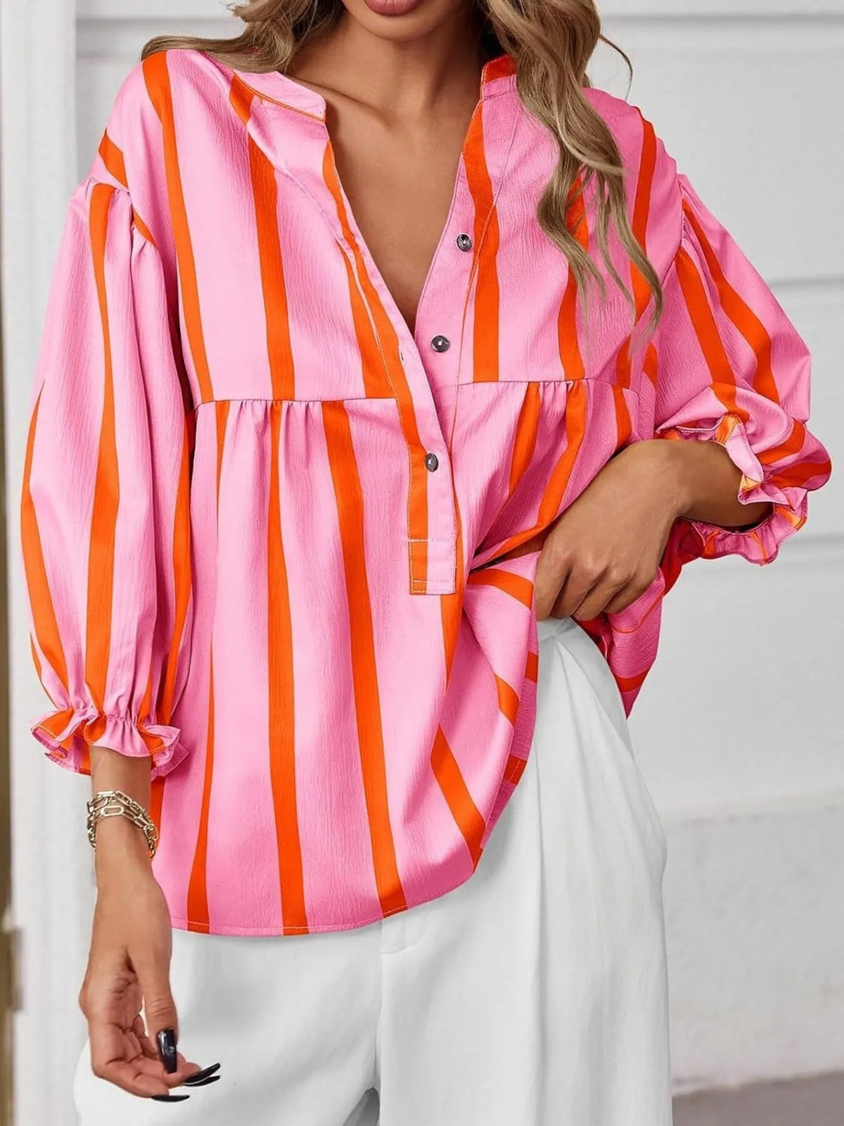 Striped Button Front Notched Blouse - Pink - View 10