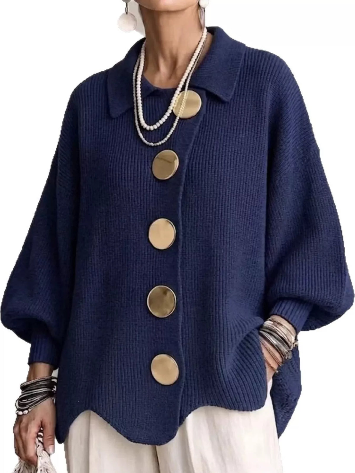 Ribbed Knit Cardigan with Gold Buttons