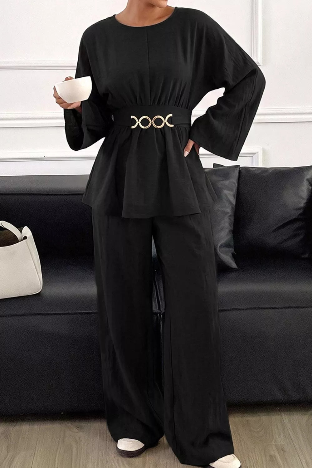 Metal Chain Waist Detail Top and Pants Set - Black - View 1