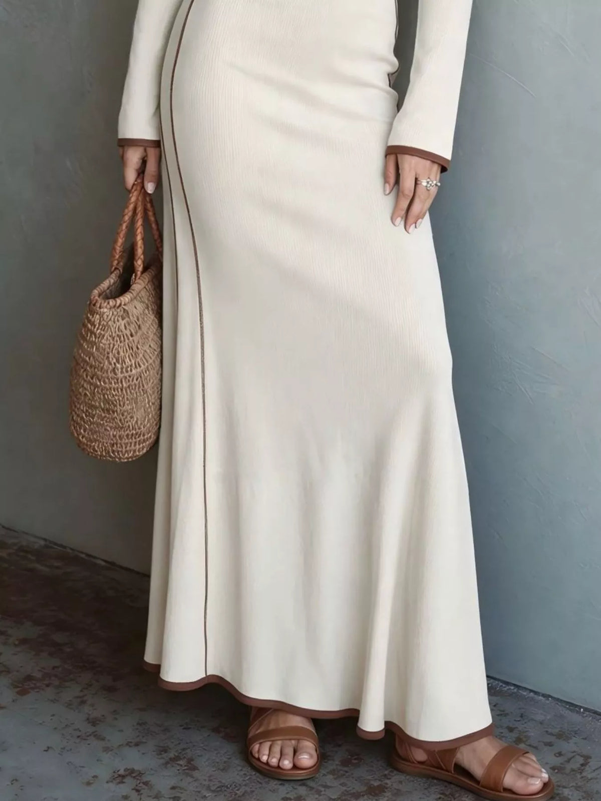 Full Size Contrast Trim Zip-Up Long Sleeve Knit Maxi Dress Plus Size - Cream - View 3