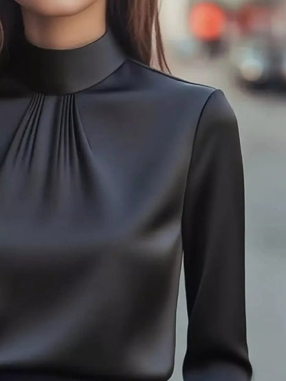 Mock Neck Long Sleeve Blouse with Pleated Detail - Black - View 3