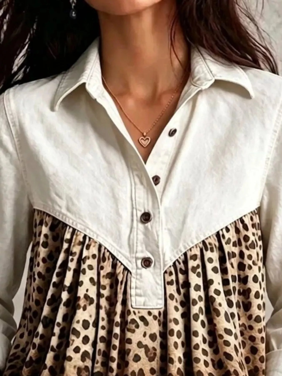 Full Size Leopard Button Detail Blouse Plus Size - White - View 2