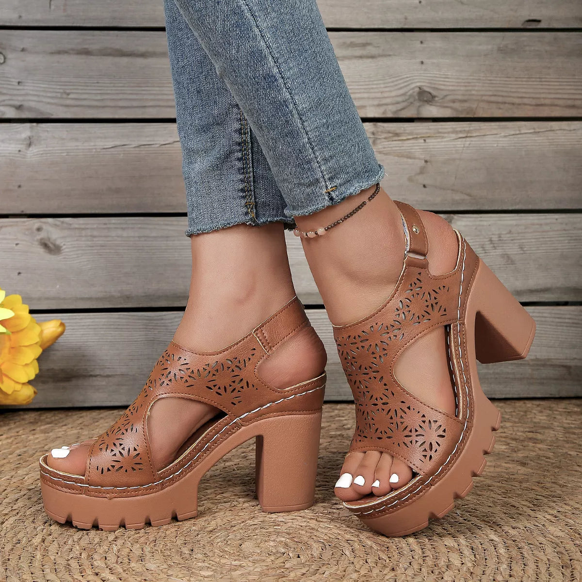 Open Toe Block Heels Sandals - Brown - View 4
