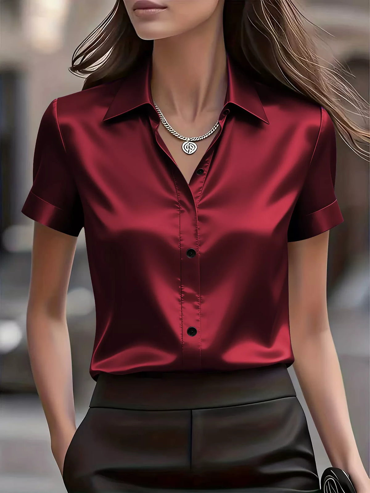 Satin Short-Sleeve Shirt - Burgundy - View 1