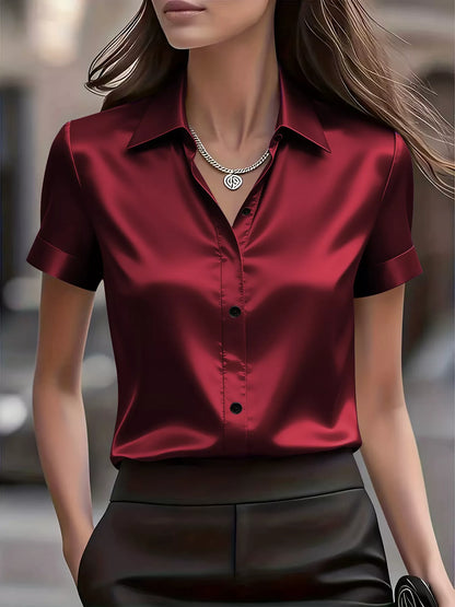Satin Short-Sleeve Shirt - Burgundy - View 1