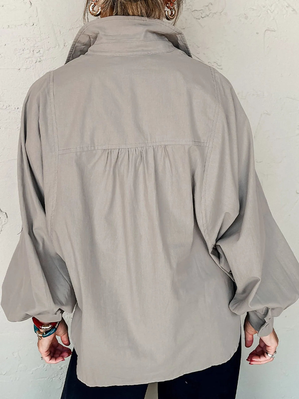 Button Up Lantern Sleeve Shirt - Gray - View 4