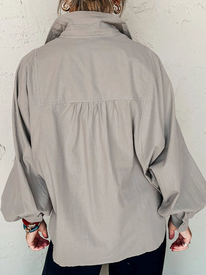 Button Up Lantern Sleeve Shirt - Gray - View 4