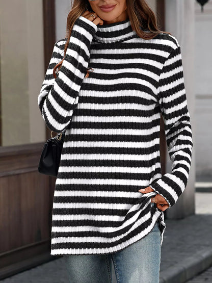 Striped Ribbed Knit Turtleneck Long Sleeve T-Shirt - Black - View 1