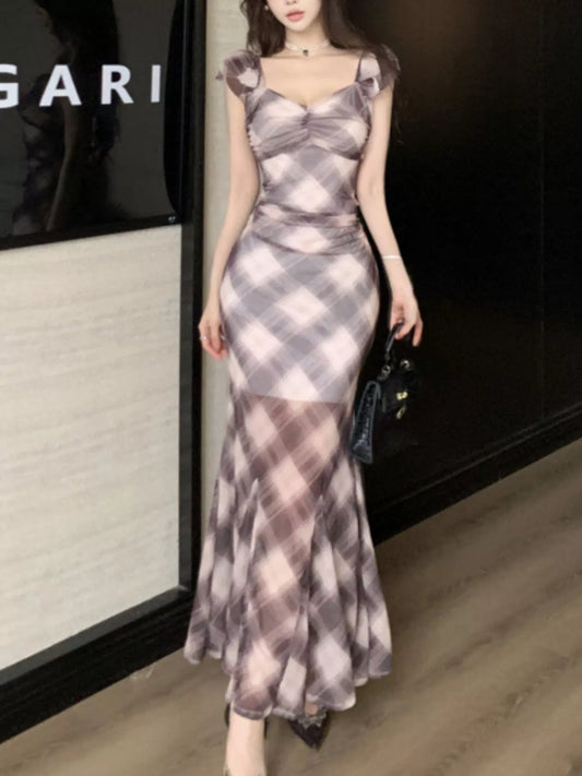 Plaid Ruffle Cap Sleeve Bodycon Maxi Dress - Brown - View 2
