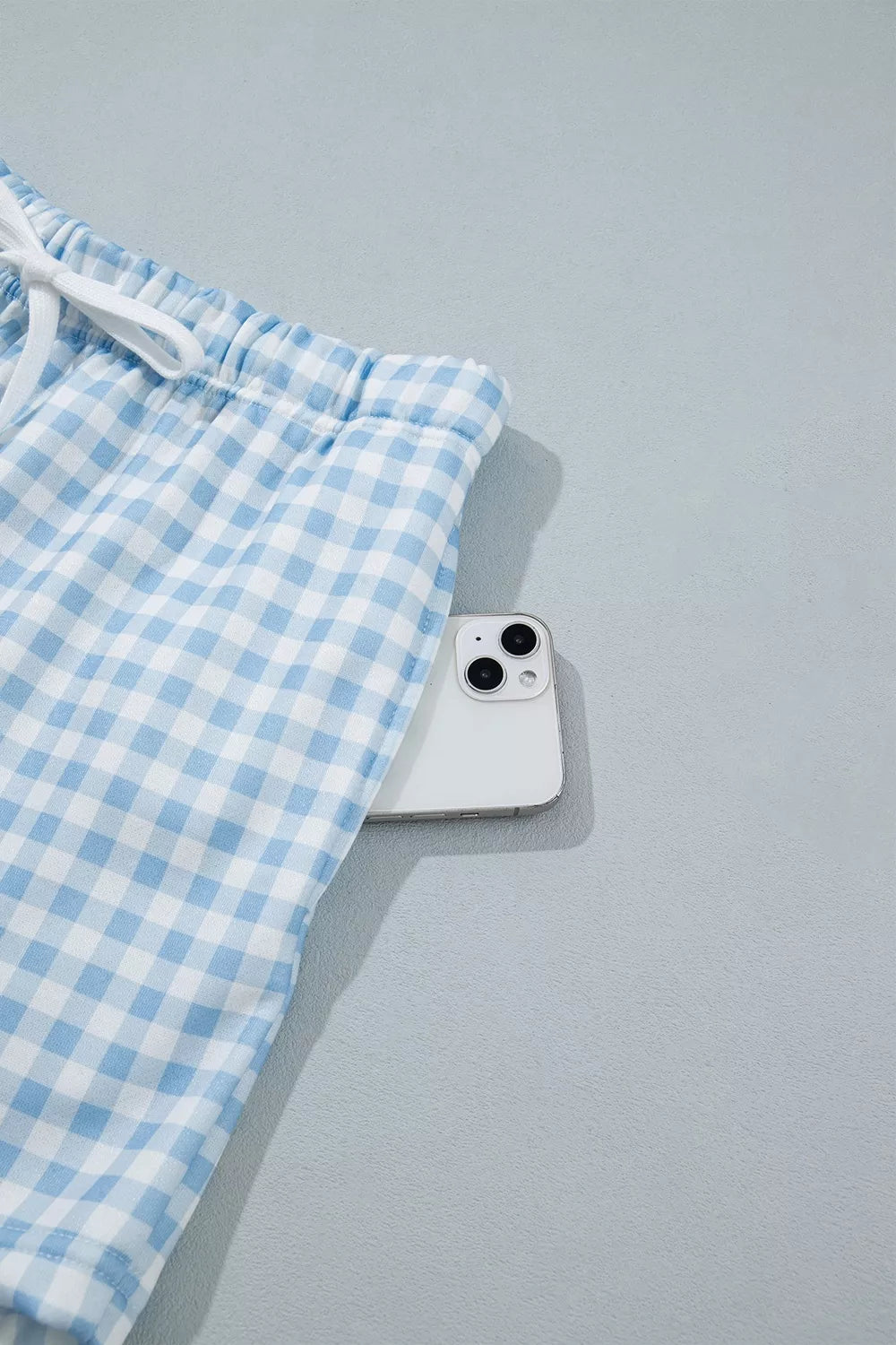 Gingham Long Sleeve Sweatshirt and Shorts Set - Light Blue - View 9