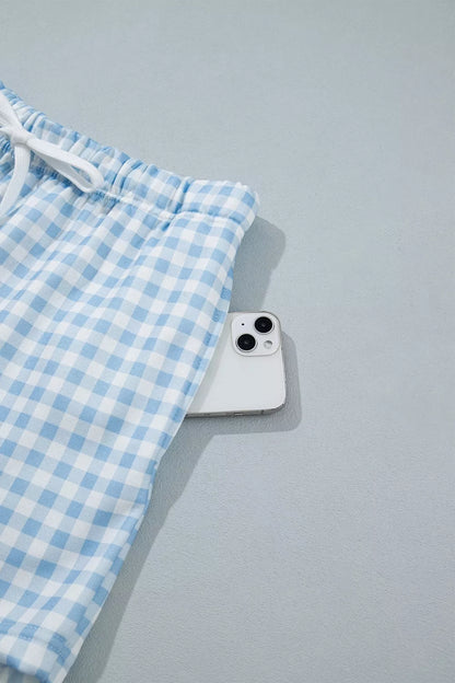 Gingham Long Sleeve Sweatshirt and Shorts Set - Light Blue - View 9