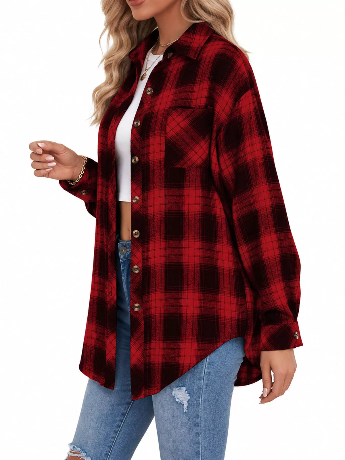 Plaid Button-Down Oversized Shirt - Red - View 10