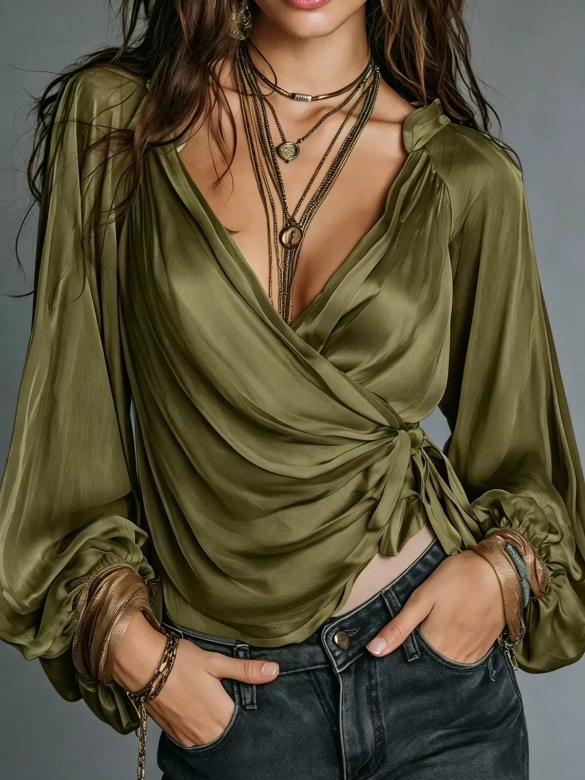 Satin Balloon Sleeve Blouse - Moss - View 14