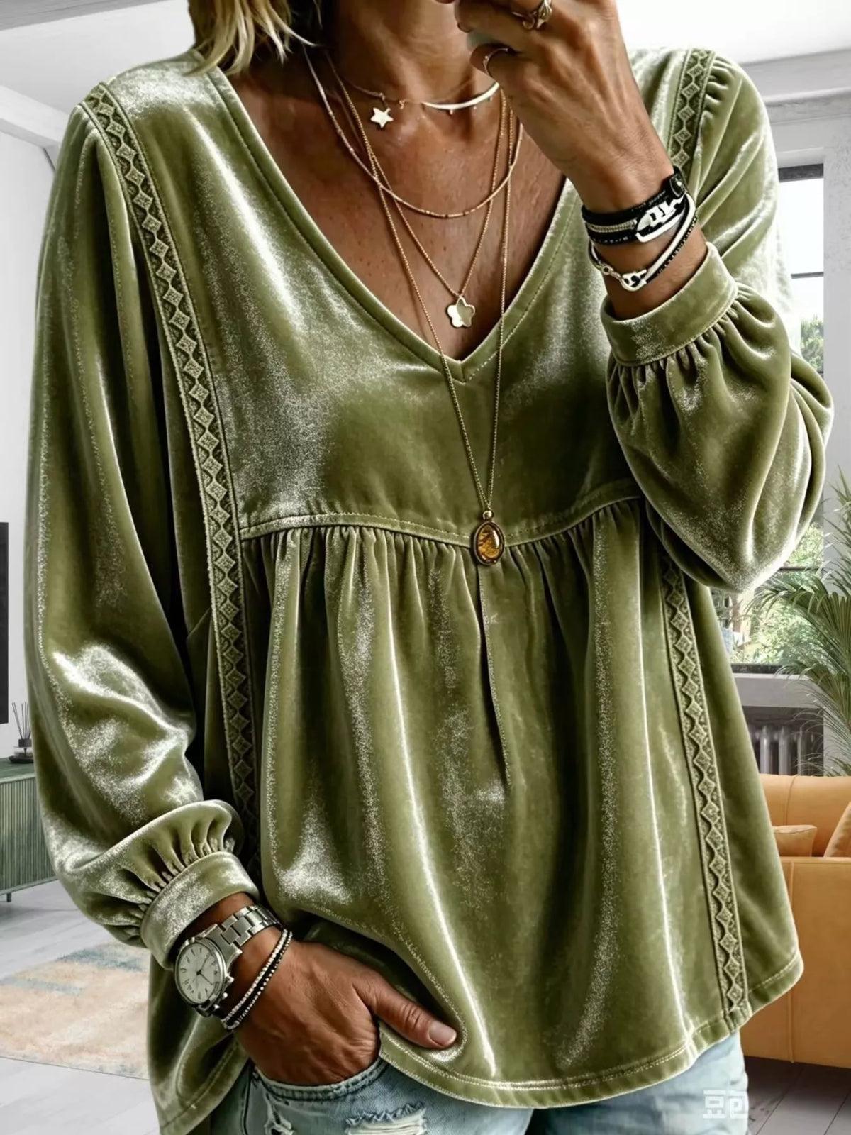 Full Size Velvet Lace Detail V-Neck Blouse Plus Size - Olive - View 13