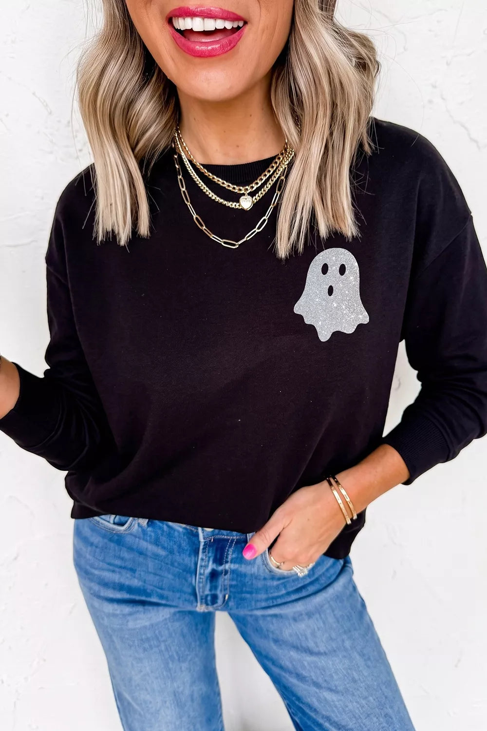 Round Neck Ghost Print Regular Fit Graphic Long Sleeve T-Shirt - Black - View 1
