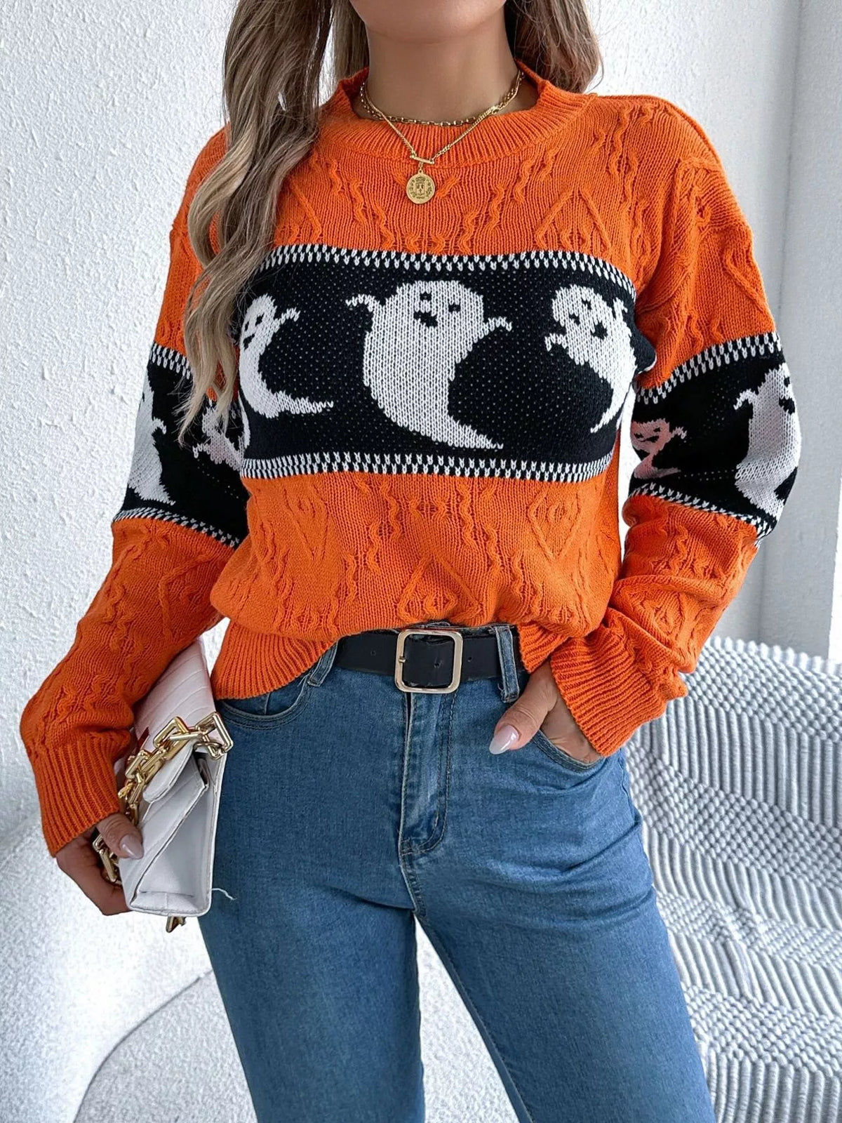 Halloween Ghost Pattern Textured Sweater - Orange - View 2