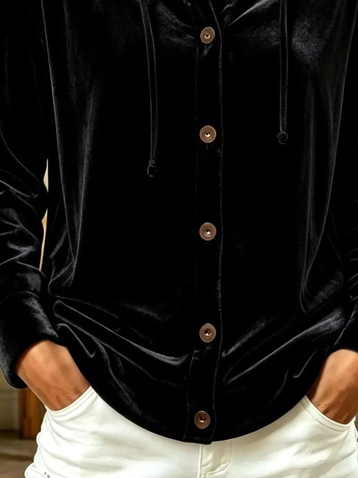 Full Size Velvet Button-Down Hooded Top Plus Size - Black - View 3