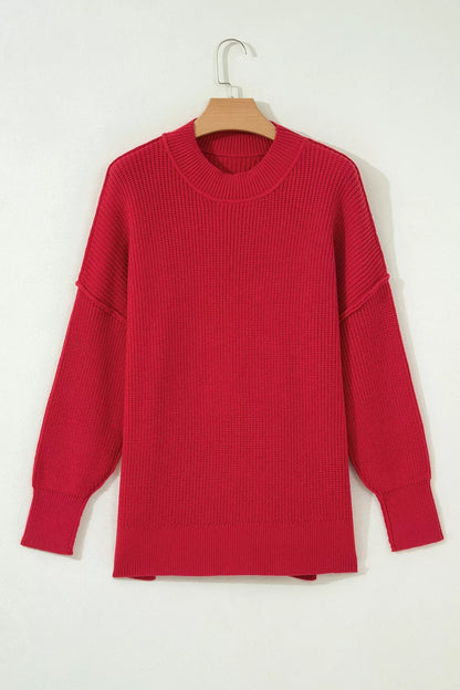 Long Sleeve Ribbed Knit Stand Neck Regular Fit Sweater - Rust - View 5