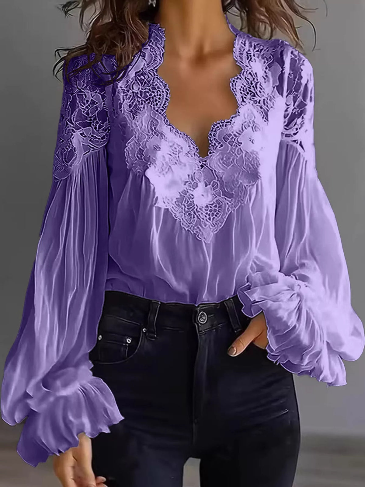 Full Size Lace V-Neck Flounce Sleeve Blouse Plus Size - Purple - View 22