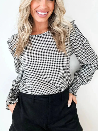 Plaid Shirred Cuff Long Sleeve Round Neck Blouse - Black - View 1